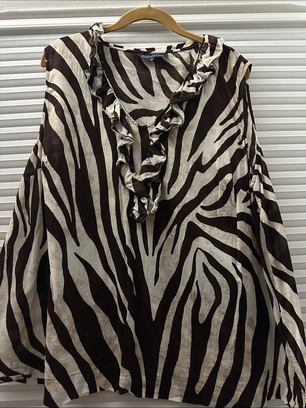 Jones New York Brown and Cream Zebra Ruffle V-Neck Blouse